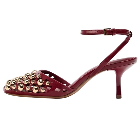 ZARA • Burgundy Woven Studded Heels - Picture 5 of 8